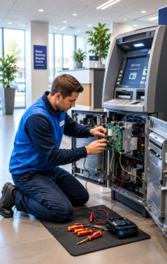 ATM Technician Service in Modern Bank Lobby